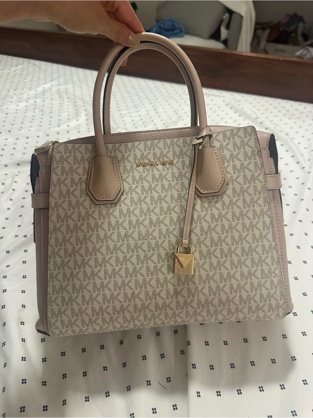 Michael Kors Pink Beige Logo Satchel with Gold Accent